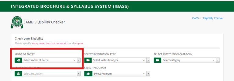 Use the Jamb IBASS Eligibility Checker. Select your entry method (are you using DE or UTME to apply for admission?)