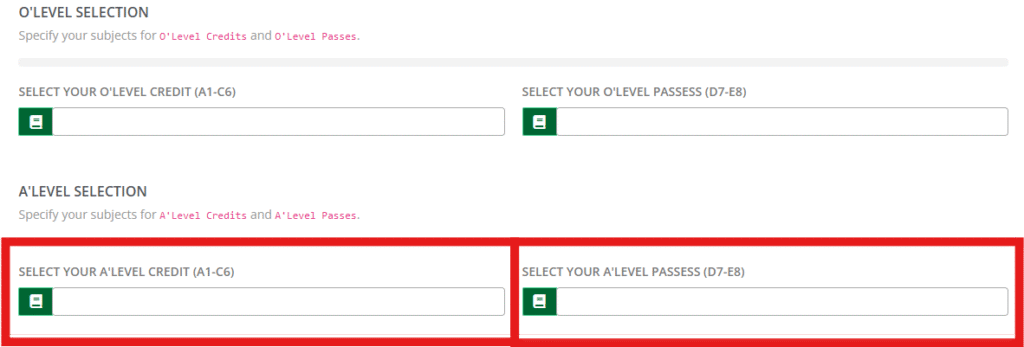 For A’level selection, choose your o’level passes and credit subjects.