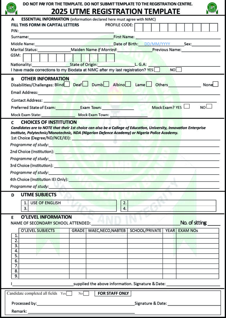 JAMB Direct Entry Registration Form 2025/2026